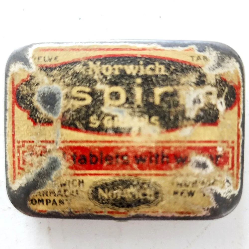NORWICH Aspirin Tin Antique Pharmaceutical Pain Relief Advertisement Travel Tin